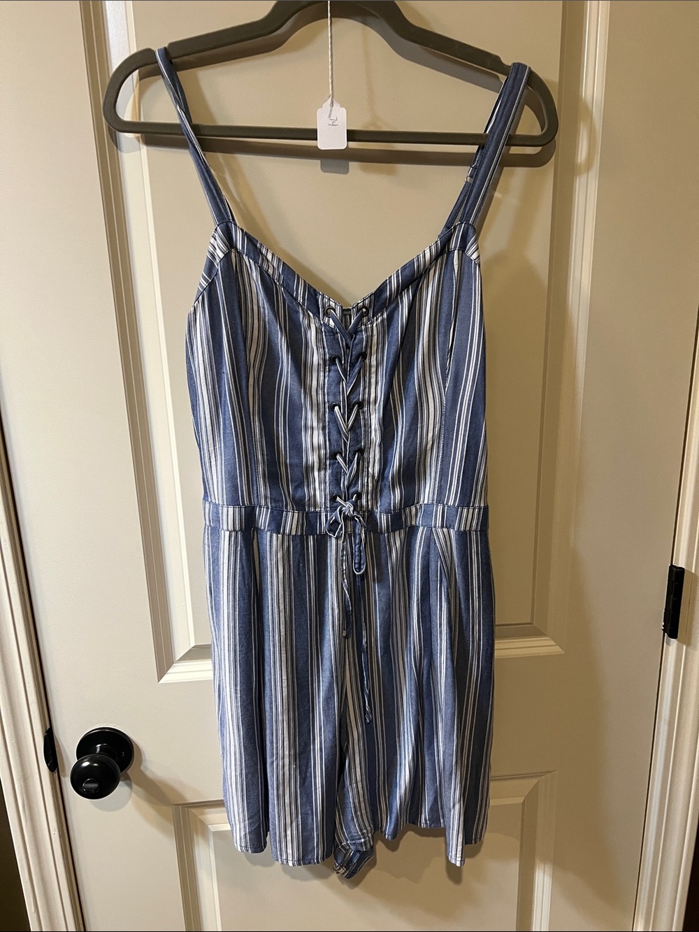 Hollister Blue and White Striped Lace-Up Romper C074